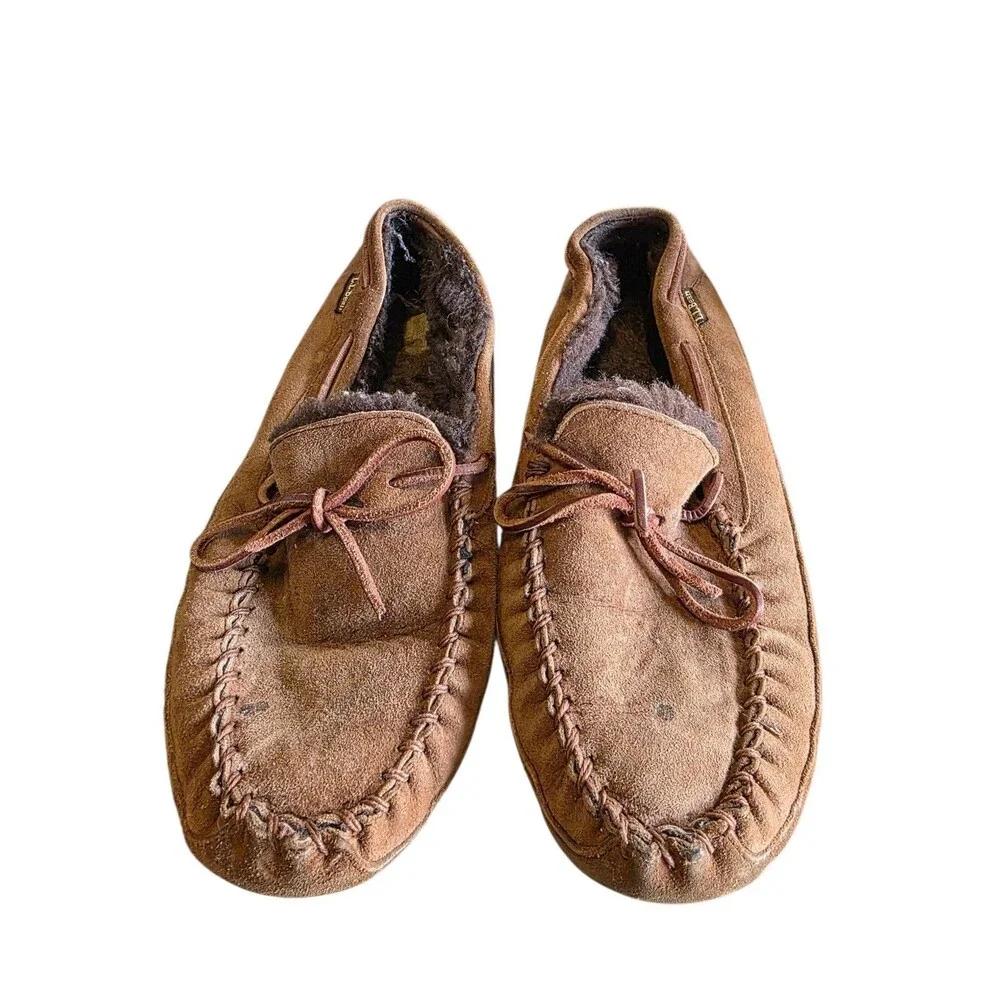 L.L. Bean Men Moccasin Suede Sherpa Lined Slipper Brown Sz 9
